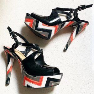 GIANNI BINI 6.5 PLATFORM HEELS CHEVRON STRAPPY glossy black white orange olive
